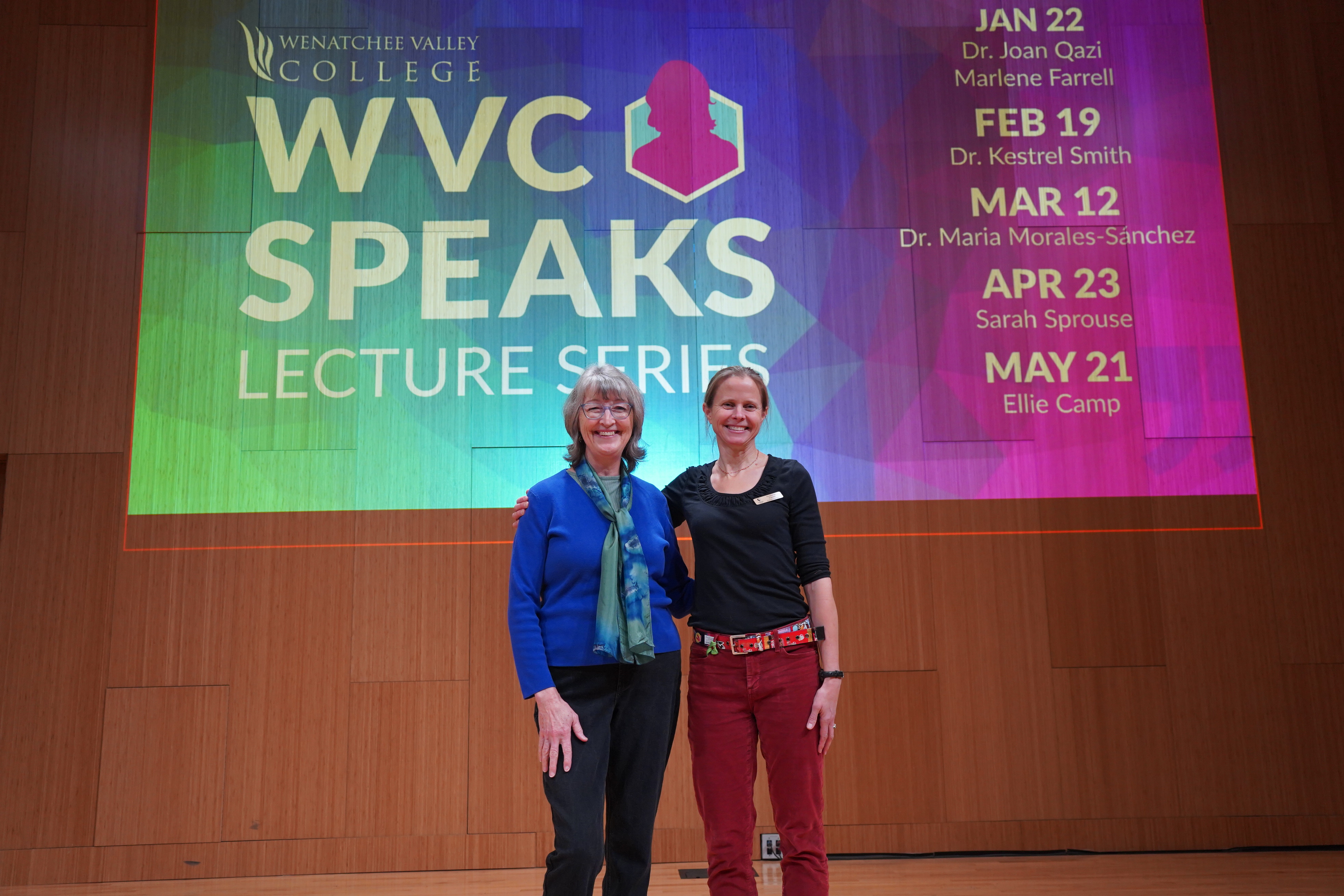 Image of Professor Joan Qazi and Marlene Farrell of Sustainable NCW before their WVC Speaks lecture