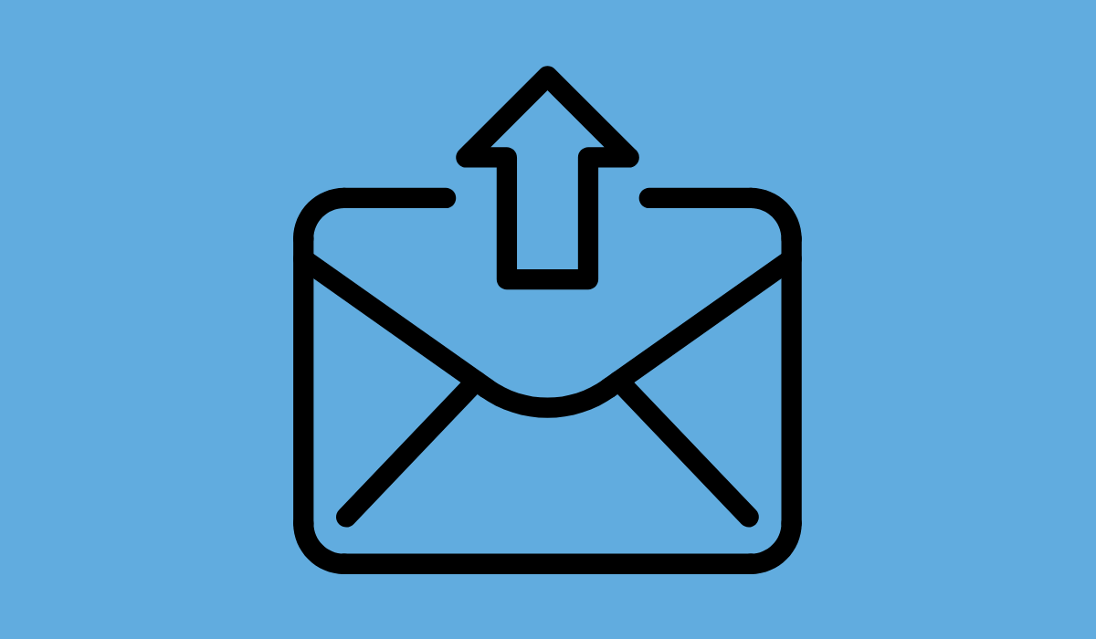 A blue box with a black outbox icon.