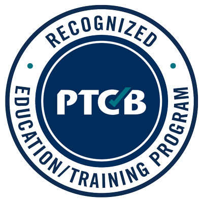 The PTCB logo, circular, with a dark blue inner circle and dark blue font