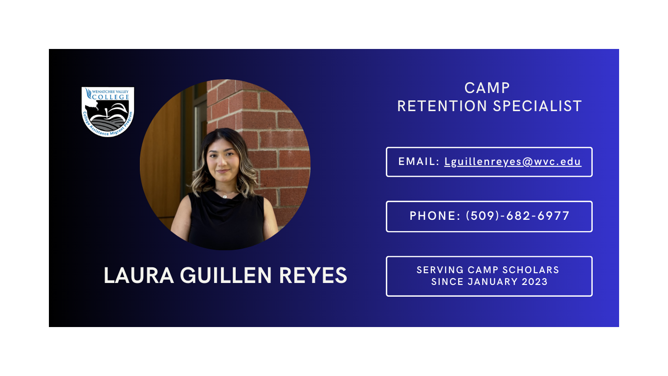Circular photo of Laura Guillen Reyes. CAMP Retention Specialist. Email lguillenreyes@wvc.edu. Phone: 509-682-6977. Serving CAMP scholars since January 2023.