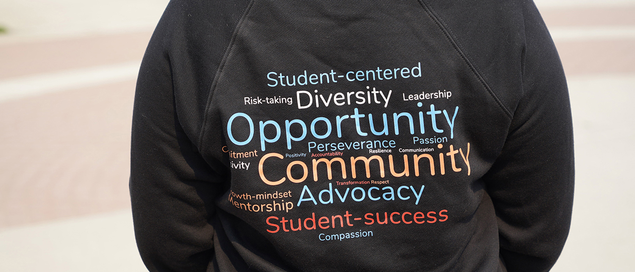Photo of MESA Values word cloud on sweatshirt